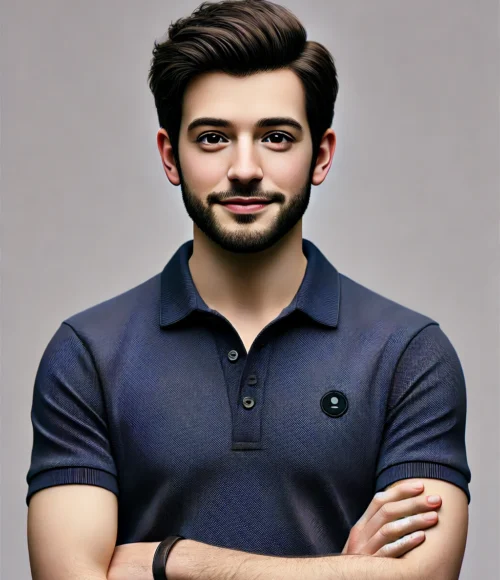 DALL·E 2025-02-16 18.54.49 - A highly realistic AI-generated avatar of a man with short black hair, a beard, and medium skin tone. He is wearing a navy blue polo shirt with a smal