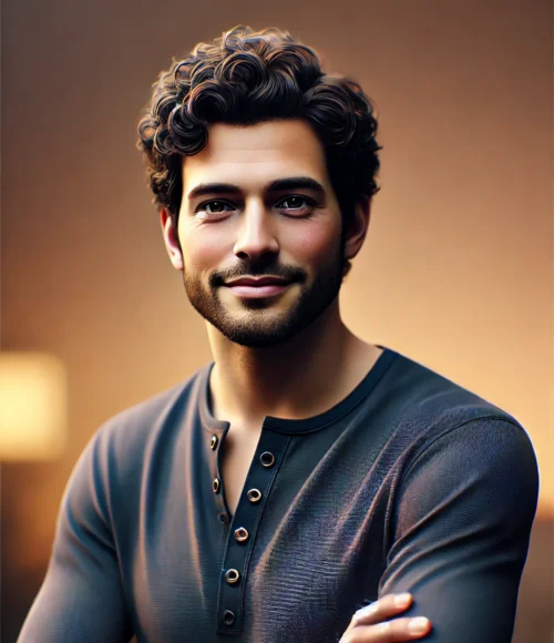 DALL·E 2025-02-16 19.01.09 - A highly realistic AI-generated avatar of a man with curly black hair, a short beard, and medium skin tone. He is wearing a dark blue henley shirt wit